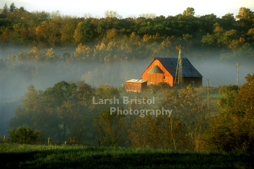 Red Barn in Morning Fog